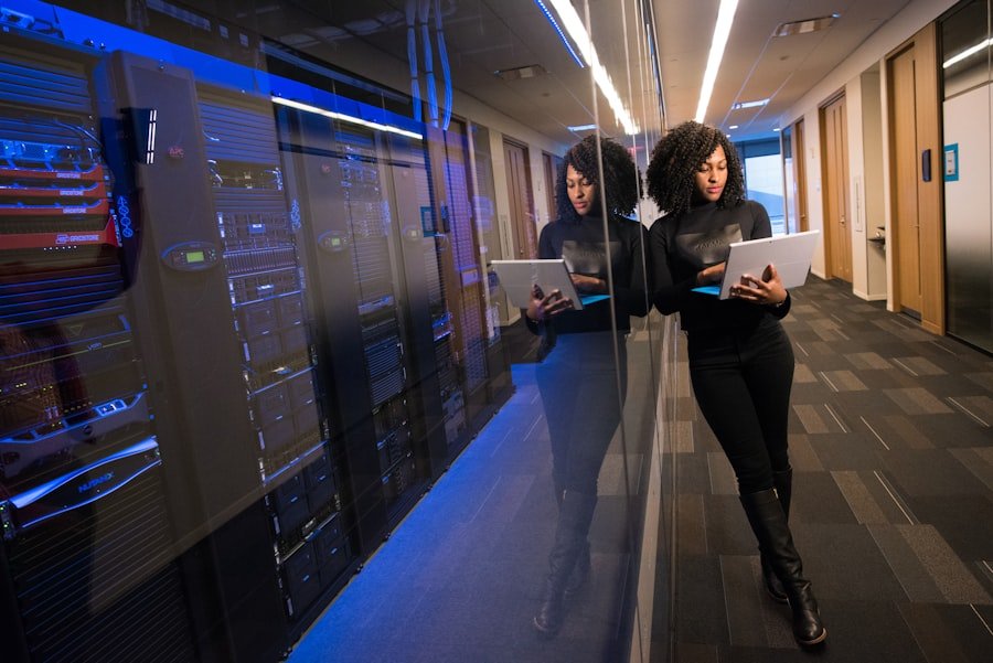 Engineers managing cloud infrastructure in a data center