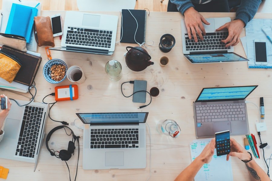 Top-down view of finance and accounting devices on a desk